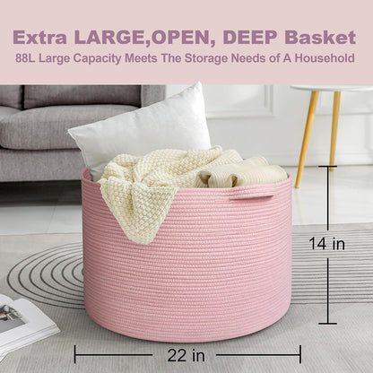 Extra Large Pink Basket, 22"x22"x14" Woven Cotton Rope Bin with Handles, Blanket Storage for Living Room, Baby Kids Toy Storage Bin Box, Wicker Laundry Basket, Pink Room Decor Organizing