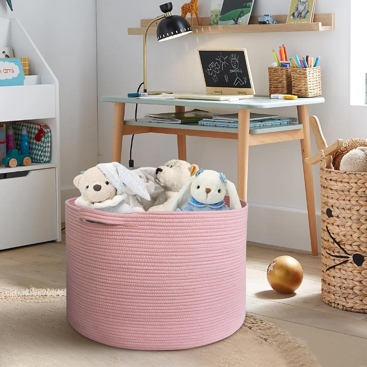 Extra Large Pink Basket, 22"x22"x14" Woven Cotton Rope Bin with Handles, Blanket Storage for Living Room, Baby Kids Toy Storage Bin Box, Wicker Laundry Basket, Pink Room Decor Organizing