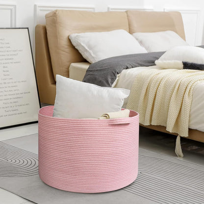 Extra Large Pink Basket, 22"x22"x14" Woven Cotton Rope Bin with Handles, Blanket Storage for Living Room, Baby Kids Toy Storage Bin Box, Wicker Laundry Basket, Pink Room Decor Organizing