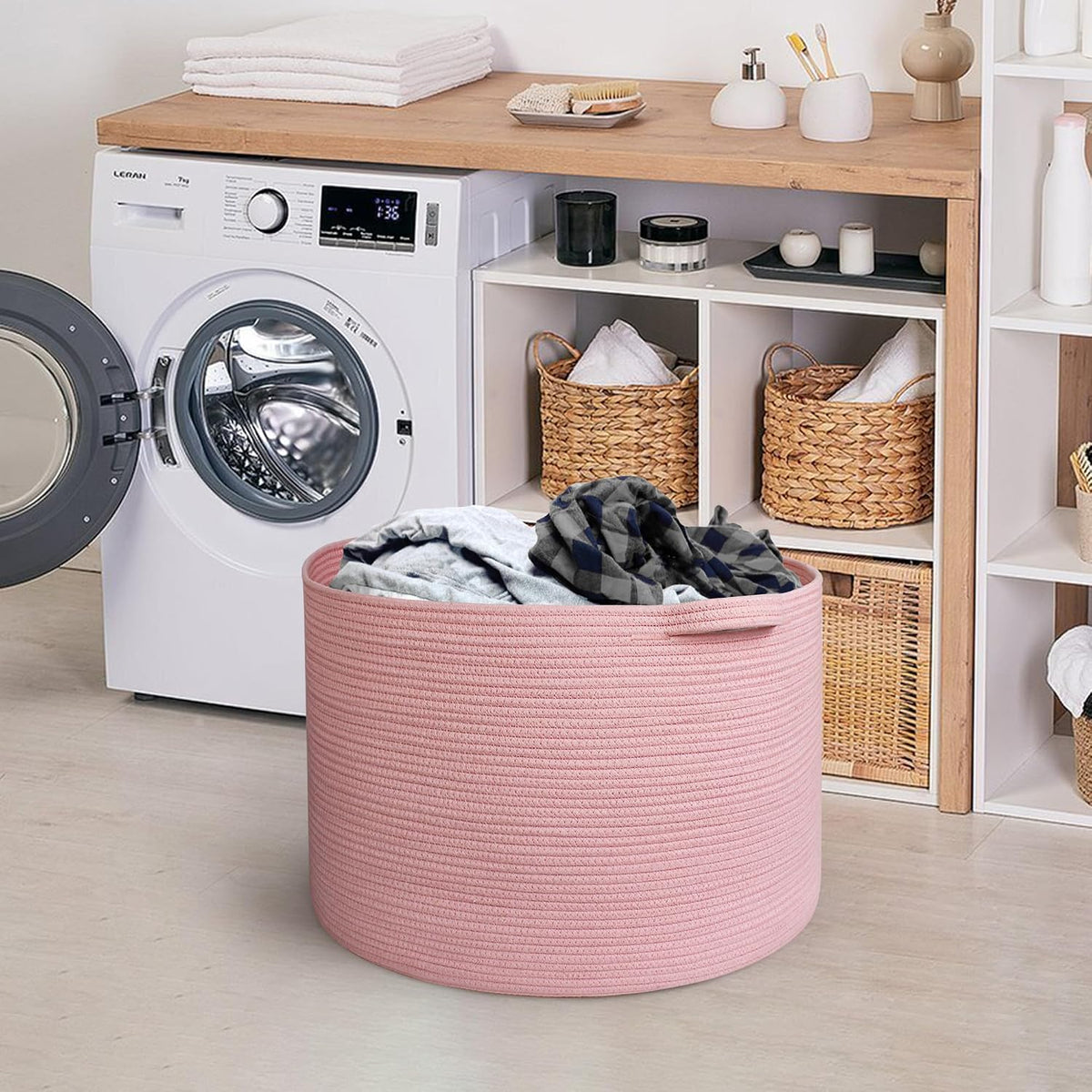 Extra Large Pink Basket, 22"x22"x14" Woven Cotton Rope Bin with Handles, Blanket Storage for Living Room, Baby Kids Toy Storage Bin Box, Wicker Laundry Basket, Pink Room Decor Organizing