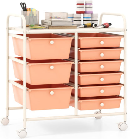 9 Drawers Rolling Cart, Classroom Organizers, Storage Cart with Wheels, for Teacher Office Home School Supplies Tool Craft Art Paper, Peach Fuzz