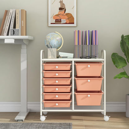 9 Drawers Rolling Cart, Classroom Organizers, Storage Cart with Wheels, for Teacher Office Home School Supplies Tool Craft Art Paper, Peach Fuzz