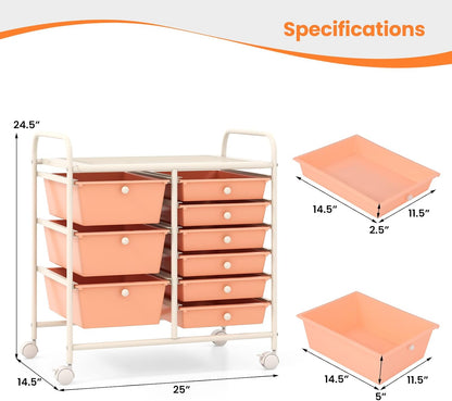9 Drawers Rolling Cart, Classroom Organizers, Storage Cart with Wheels, for Teacher Office Home School Supplies Tool Craft Art Paper, Peach Fuzz