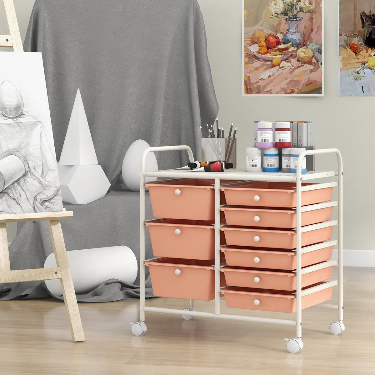 9 Drawers Rolling Cart, Classroom Organizers, Storage Cart with Wheels, for Teacher Office Home School Supplies Tool Craft Art Paper, Peach Fuzz