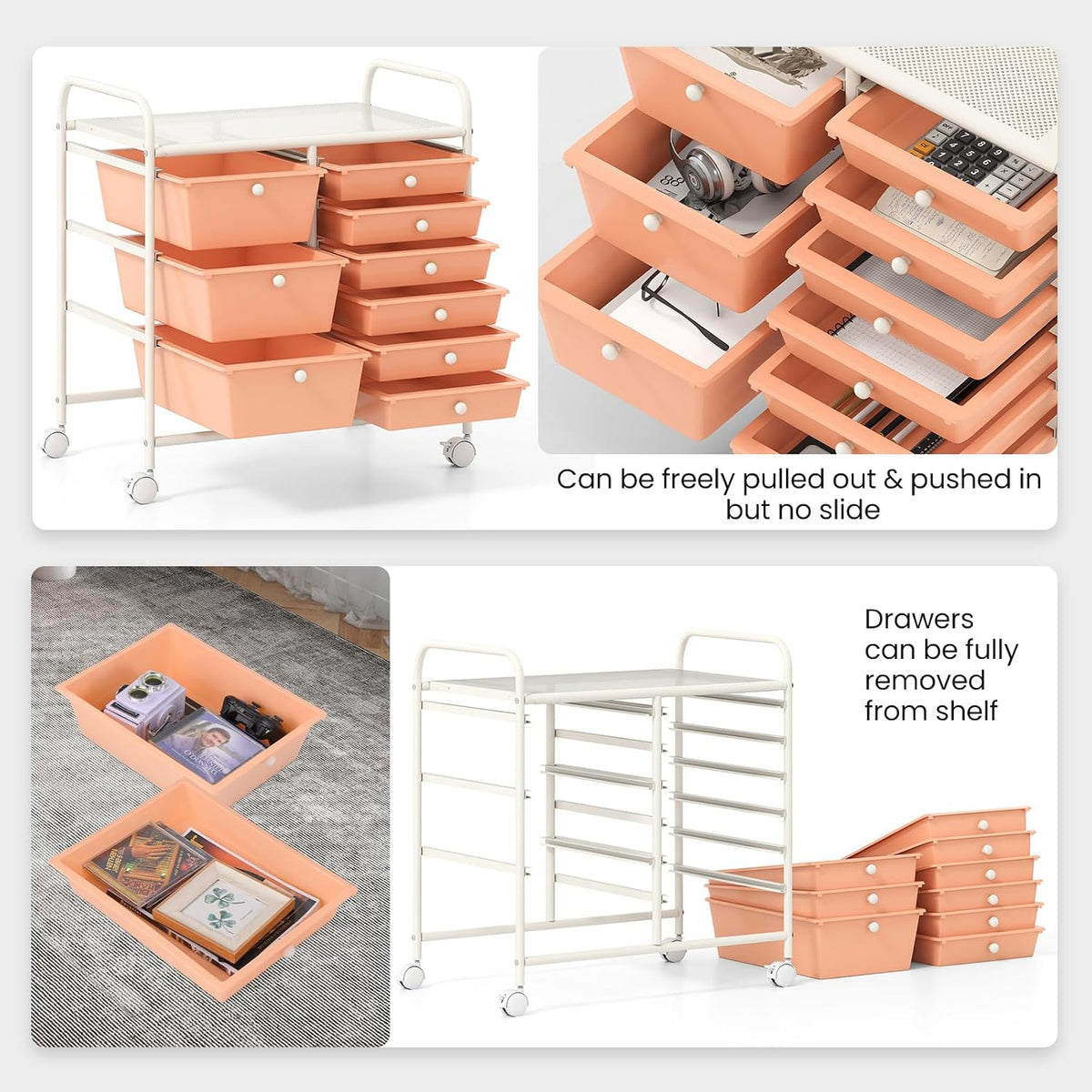 9 Drawers Rolling Cart, Classroom Organizers, Storage Cart with Wheels, for Teacher Office Home School Supplies Tool Craft Art Paper, Peach Fuzz