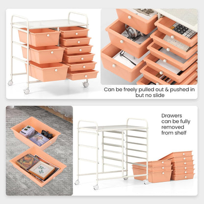 9 Drawers Rolling Cart, Classroom Organizers, Storage Cart with Wheels, for Teacher Office Home School Supplies Tool Craft Art Paper, Peach Fuzz
