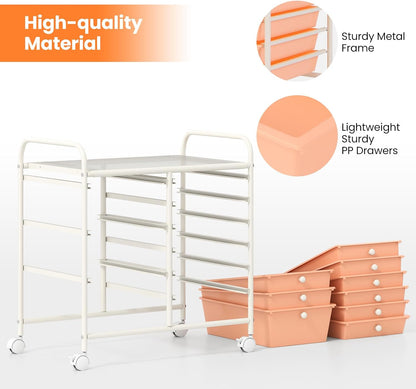 9 Drawers Rolling Cart, Classroom Organizers, Storage Cart with Wheels, for Teacher Office Home School Supplies Tool Craft Art Paper, Peach Fuzz