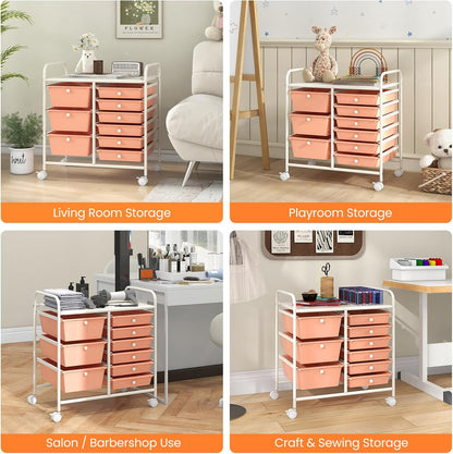 9 Drawers Rolling Cart, Classroom Organizers, Storage Cart with Wheels, for Teacher Office Home School Supplies Tool Craft Art Paper, Peach Fuzz