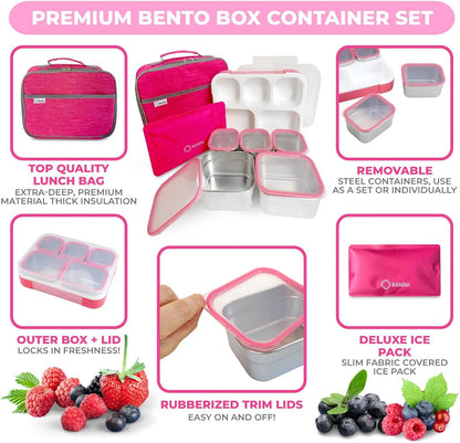 kinsho Stainless Steel Bento Lunch Box Set for Adults, Kids - Insulated Bag and Ice Pack - Leak-Proof Metal Compartment Meal Prep Food & Snack Containers for Work Travel School Daycare, 34 oz Pink
