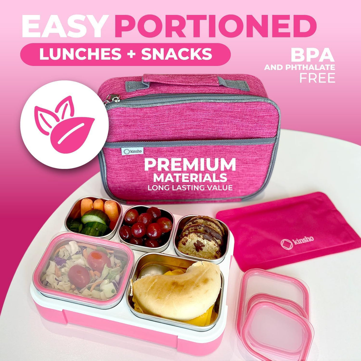 kinsho Stainless Steel Bento Lunch Box Set for Adults, Kids - Insulated Bag and Ice Pack - Leak-Proof Metal Compartment Meal Prep Food & Snack Containers for Work Travel School Daycare, 34 oz Pink