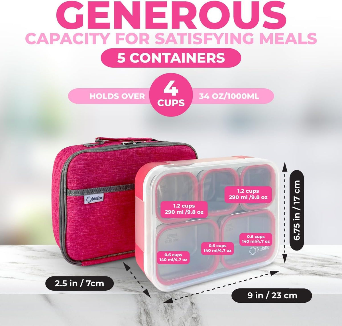 kinsho Stainless Steel Bento Lunch Box Set for Adults, Kids - Insulated Bag and Ice Pack - Leak-Proof Metal Compartment Meal Prep Food & Snack Containers for Work Travel School Daycare, 34 oz Pink