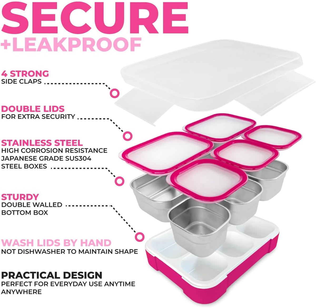 kinsho Stainless Steel Bento Lunch Box Set for Adults, Kids - Insulated Bag and Ice Pack - Leak-Proof Metal Compartment Meal Prep Food & Snack Containers for Work Travel School Daycare, 34 oz Pink