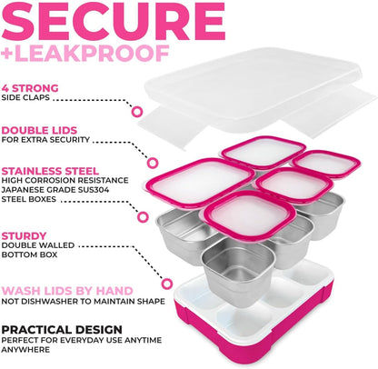 kinsho Stainless Steel Bento Lunch Box Set for Adults, Kids - Insulated Bag and Ice Pack - Leak-Proof Metal Compartment Meal Prep Food & Snack Containers for Work Travel School Daycare, 34 oz Pink