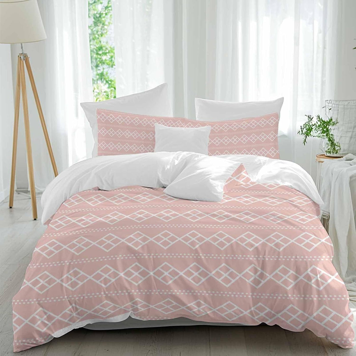 Peach Pink Checkered Full Bed Sheet Set - 3 Pieces (1 Fitted Sheet + 2 Pillowcases), Soft Microfiber Abstract White Geometric Argyle Stripe Sheets with Deep Pockets Decorative Bedding Set