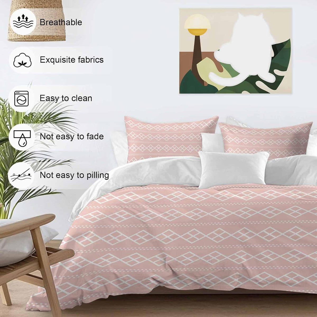 Peach Pink Checkered Full Bed Sheet Set - 3 Pieces (1 Fitted Sheet + 2 Pillowcases), Soft Microfiber Abstract White Geometric Argyle Stripe Sheets with Deep Pockets Decorative Bedding Set