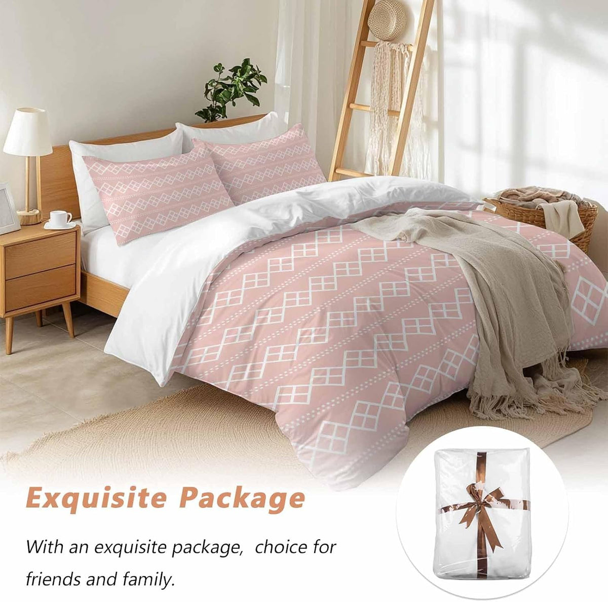 Peach Pink Checkered Full Bed Sheet Set - 3 Pieces (1 Fitted Sheet + 2 Pillowcases), Soft Microfiber Abstract White Geometric Argyle Stripe Sheets with Deep Pockets Decorative Bedding Set
