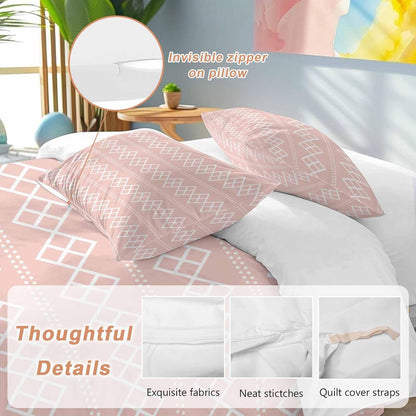 Peach Pink Checkered Full Bed Sheet Set - 3 Pieces (1 Fitted Sheet + 2 Pillowcases), Soft Microfiber Abstract White Geometric Argyle Stripe Sheets with Deep Pockets Decorative Bedding Set