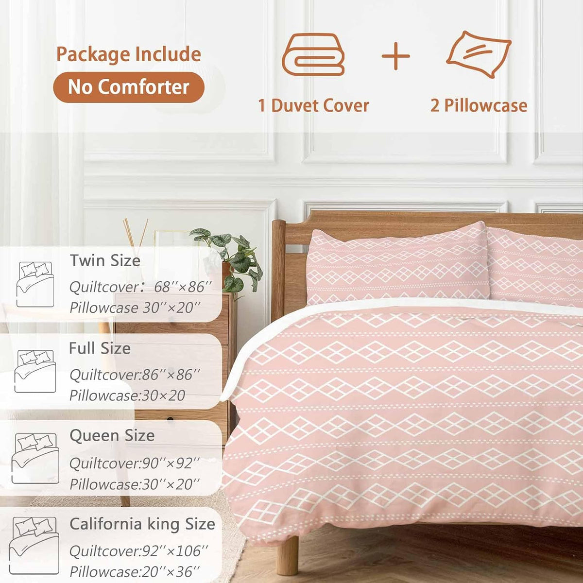 Peach Pink Checkered Full Bed Sheet Set - 3 Pieces (1 Fitted Sheet + 2 Pillowcases), Soft Microfiber Abstract White Geometric Argyle Stripe Sheets with Deep Pockets Decorative Bedding Set
