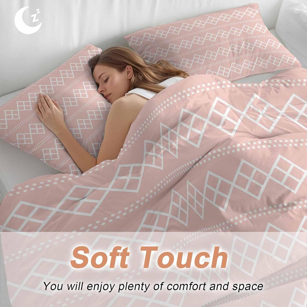 Peach Pink Checkered Full Bed Sheet Set - 3 Pieces (1 Fitted Sheet + 2 Pillowcases), Soft Microfiber Abstract White Geometric Argyle Stripe Sheets with Deep Pockets Decorative Bedding Set