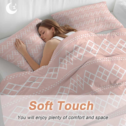 Peach Pink Checkered Full Bed Sheet Set - 3 Pieces (1 Fitted Sheet + 2 Pillowcases), Soft Microfiber Abstract White Geometric Argyle Stripe Sheets with Deep Pockets Decorative Bedding Set