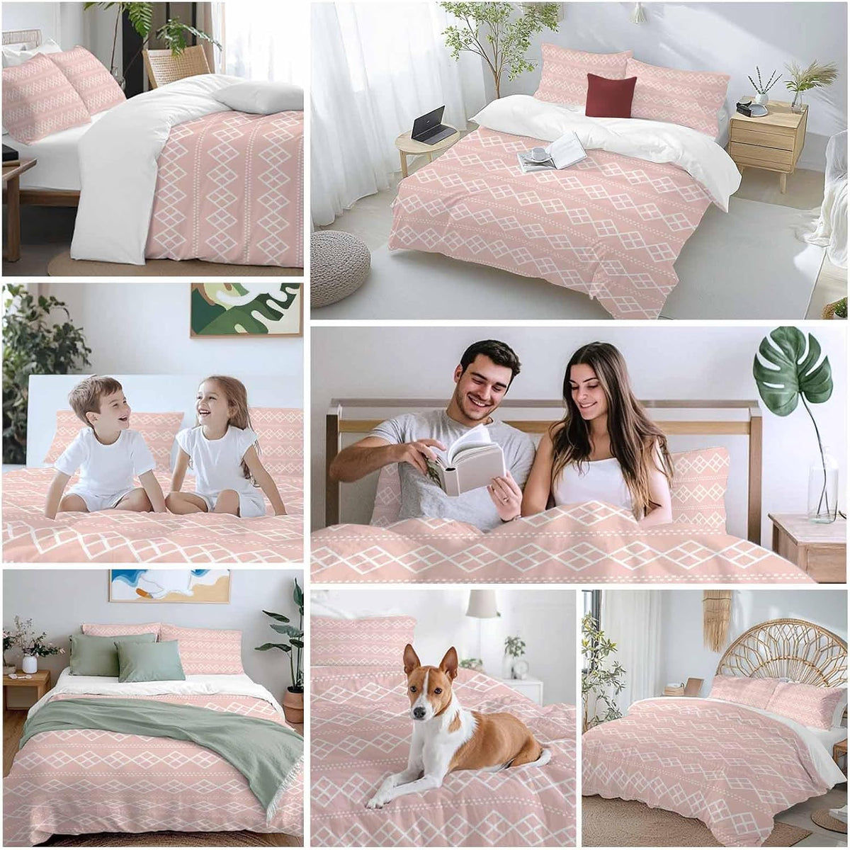 Peach Pink Checkered Full Bed Sheet Set - 3 Pieces (1 Fitted Sheet + 2 Pillowcases), Soft Microfiber Abstract White Geometric Argyle Stripe Sheets with Deep Pockets Decorative Bedding Set
