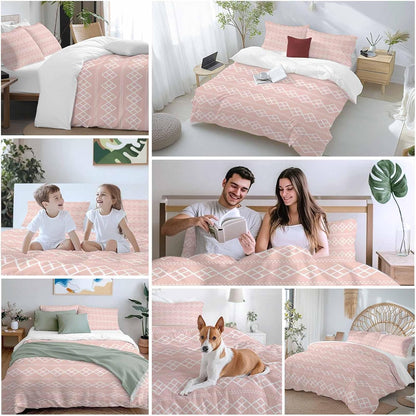 Peach Pink Checkered Full Bed Sheet Set - 3 Pieces (1 Fitted Sheet + 2 Pillowcases), Soft Microfiber Abstract White Geometric Argyle Stripe Sheets with Deep Pockets Decorative Bedding Set