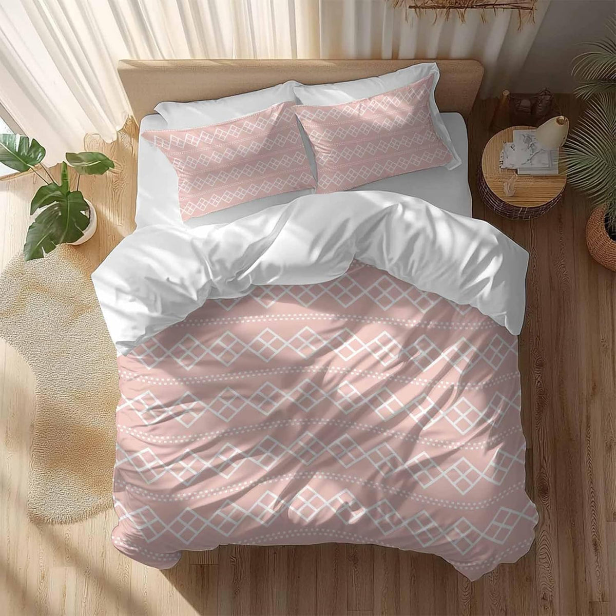 Peach Pink Checkered Full Bed Sheet Set - 3 Pieces (1 Fitted Sheet + 2 Pillowcases), Soft Microfiber Abstract White Geometric Argyle Stripe Sheets with Deep Pockets Decorative Bedding Set