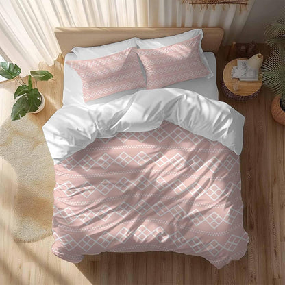 Peach Pink Checkered Full Bed Sheet Set - 3 Pieces (1 Fitted Sheet + 2 Pillowcases), Soft Microfiber Abstract White Geometric Argyle Stripe Sheets with Deep Pockets Decorative Bedding Set