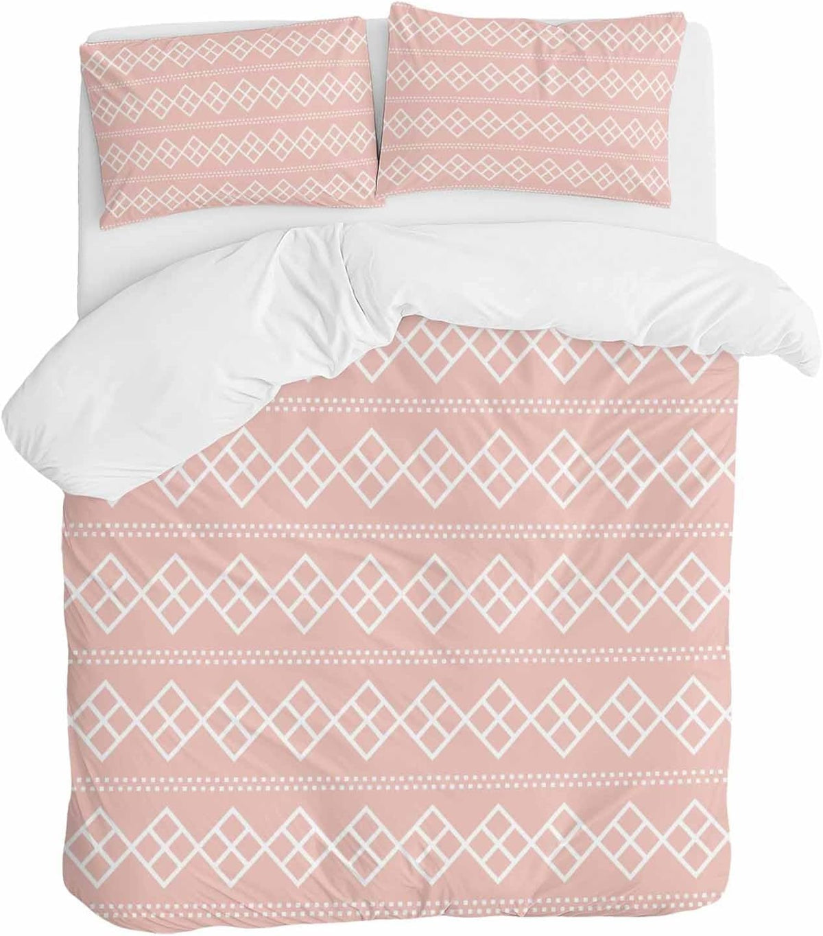 Peach Pink Checkered Full Bed Sheet Set - 3 Pieces (1 Fitted Sheet + 2 Pillowcases), Soft Microfiber Abstract White Geometric Argyle Stripe Sheets with Deep Pockets Decorative Bedding Set