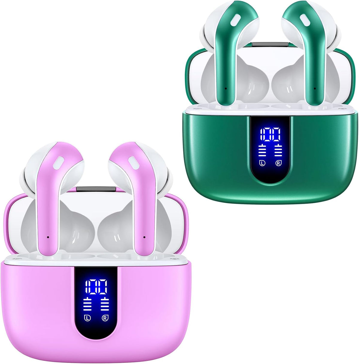 2 Sets X08 Forest Green and Sunset Pink Bluetooth Headphones True Wireless Earbuds 60H Playback Ear Buds with Wireless Charging Case in-Ear Earbuds with Mic