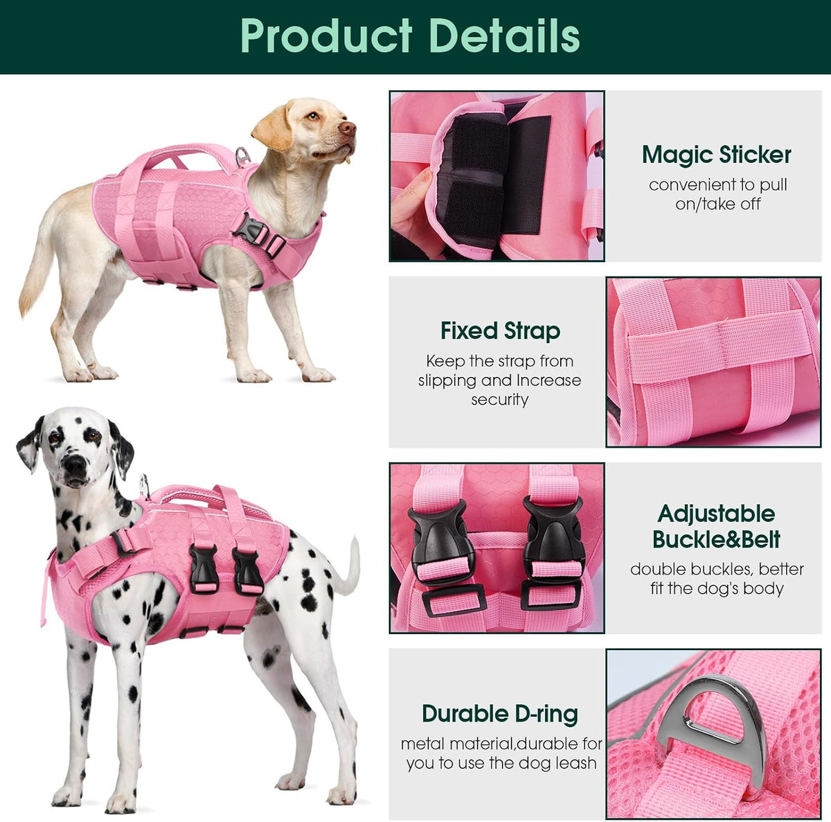 Dog Life Jacket, High Flotation Reflective Dog Life Vest, Pink, XS