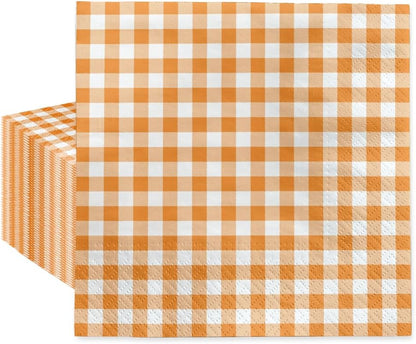 PAW - Luncheon Gingham Napkins 6,5'' x 6,5'', Disposable Checkered Napkins with Orange Plaid, Lunch Paper Napkins for Picnics, Wedding, Birthday, Decoupage, Tableware Party Supplies, 50 Count