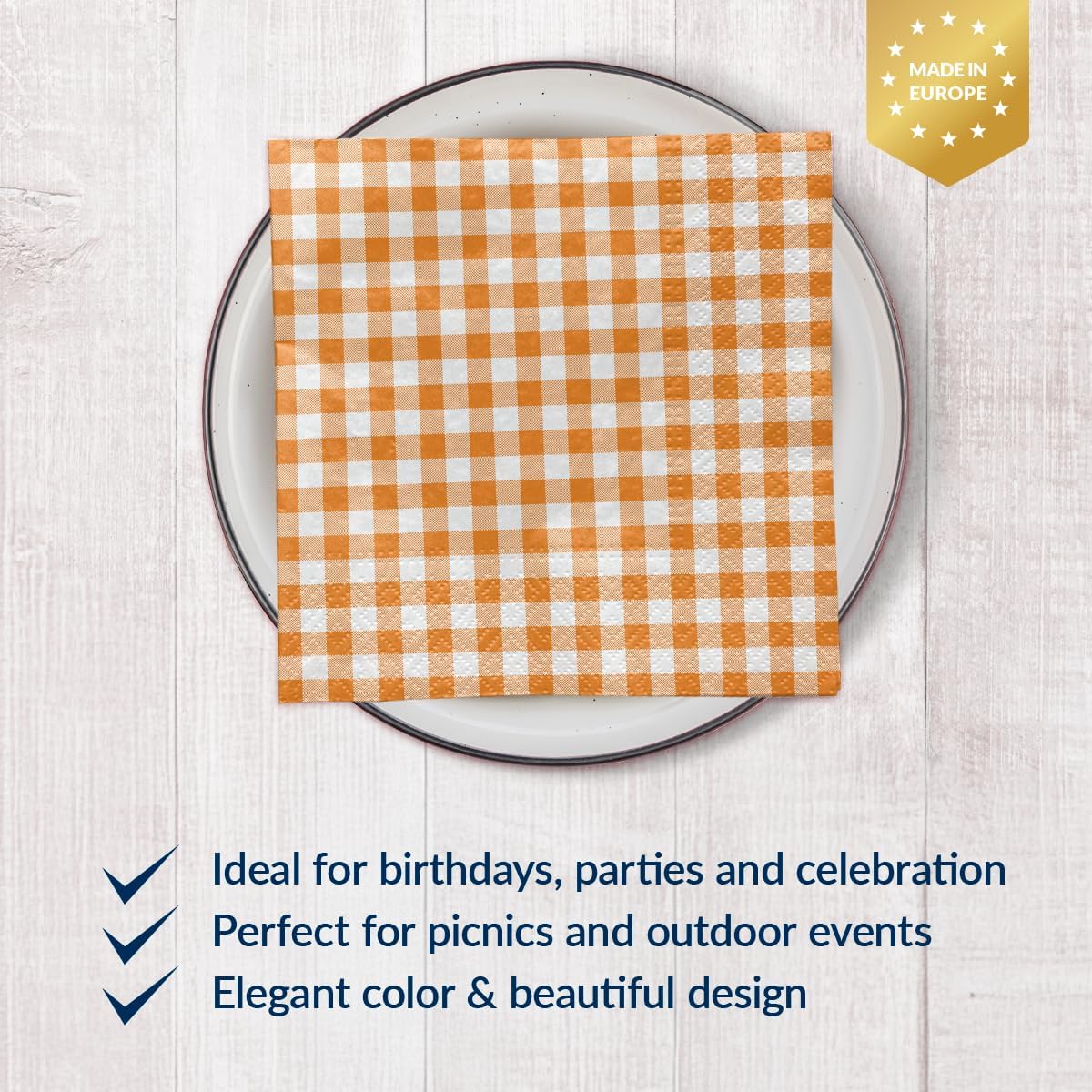 PAW - Luncheon Gingham Napkins 6,5'' x 6,5'', Disposable Checkered Napkins with Orange Plaid, Lunch Paper Napkins for Picnics, Wedding, Birthday, Decoupage, Tableware Party Supplies, 50 Count