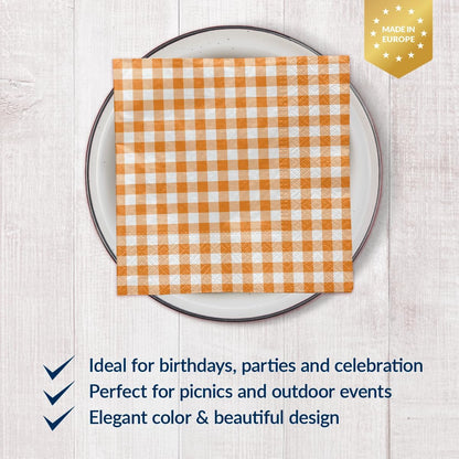 PAW - Luncheon Gingham Napkins 6,5'' x 6,5'', Disposable Checkered Napkins with Orange Plaid, Lunch Paper Napkins for Picnics, Wedding, Birthday, Decoupage, Tableware Party Supplies, 50 Count