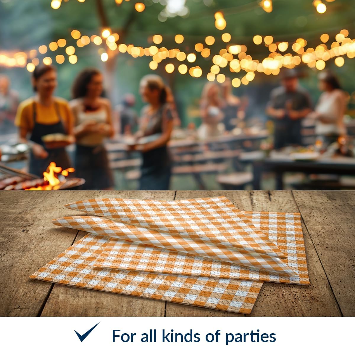 PAW - Luncheon Gingham Napkins 6,5'' x 6,5'', Disposable Checkered Napkins with Orange Plaid, Lunch Paper Napkins for Picnics, Wedding, Birthday, Decoupage, Tableware Party Supplies, 50 Count
