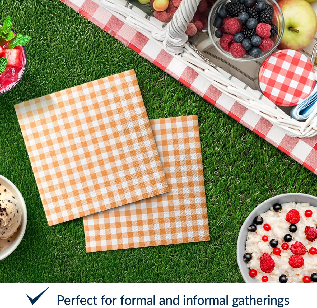 PAW - Luncheon Gingham Napkins 6,5'' x 6,5'', Disposable Checkered Napkins with Orange Plaid, Lunch Paper Napkins for Picnics, Wedding, Birthday, Decoupage, Tableware Party Supplies, 50 Count