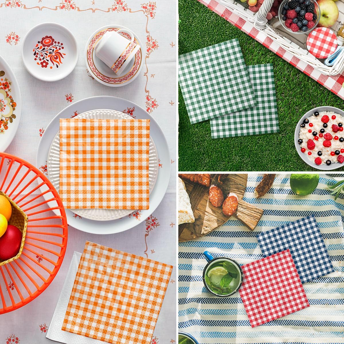 PAW - Luncheon Gingham Napkins 6,5'' x 6,5'', Disposable Checkered Napkins with Orange Plaid, Lunch Paper Napkins for Picnics, Wedding, Birthday, Decoupage, Tableware Party Supplies, 50 Count