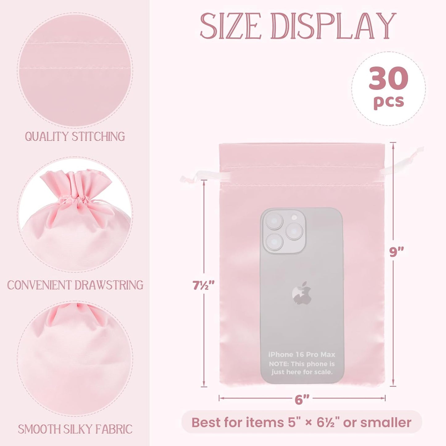 Pink Satin Cloth Gift Bags, 30Pcs 6x9 with Drawstring, For Wedding, Birthday, Summer Vacation Party, or Slumber Party, Sleep Eye Masks, Makeup Brush, Lotions, Candles, Small Business