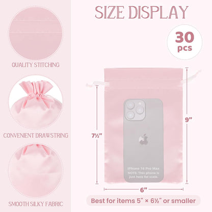 Pink Satin Cloth Gift Bags, 30Pcs 6x9 with Drawstring, For Wedding, Birthday, Summer Vacation Party, or Slumber Party, Sleep Eye Masks, Makeup Brush, Lotions, Candles, Small Business