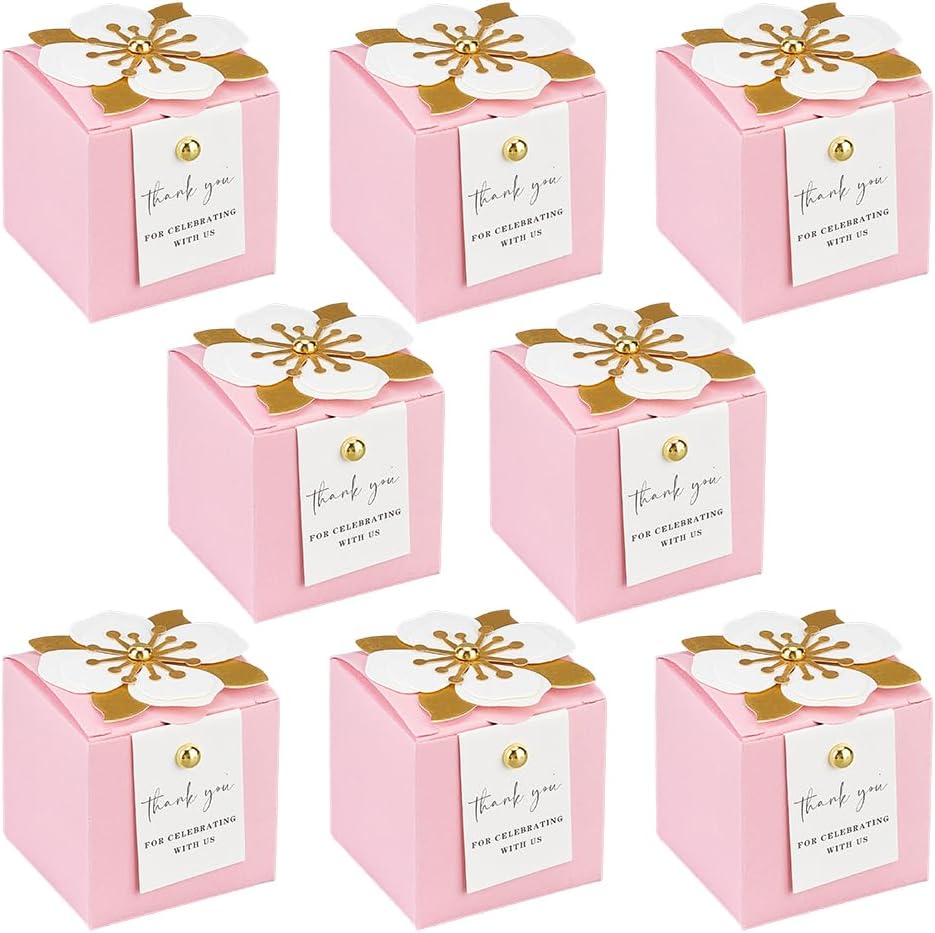 MAYJOYDIY 50 Sets Favor Boxes with Floral Decor Party Favor Candy Box Folding Paper Candy Packing Boxes for Women Garden Wedding Bridal Shower Birthday, Pink