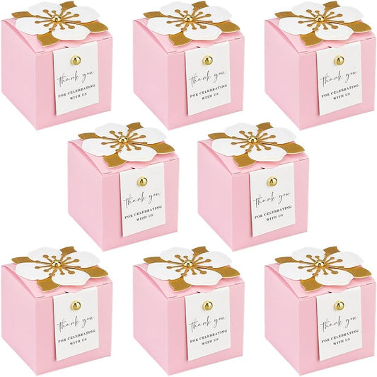 MAYJOYDIY 50 Sets Favor Boxes with Floral Decor Party Favor Candy Box Folding Paper Candy Packing Boxes for Women Garden Wedding Bridal Shower Birthday, Pink