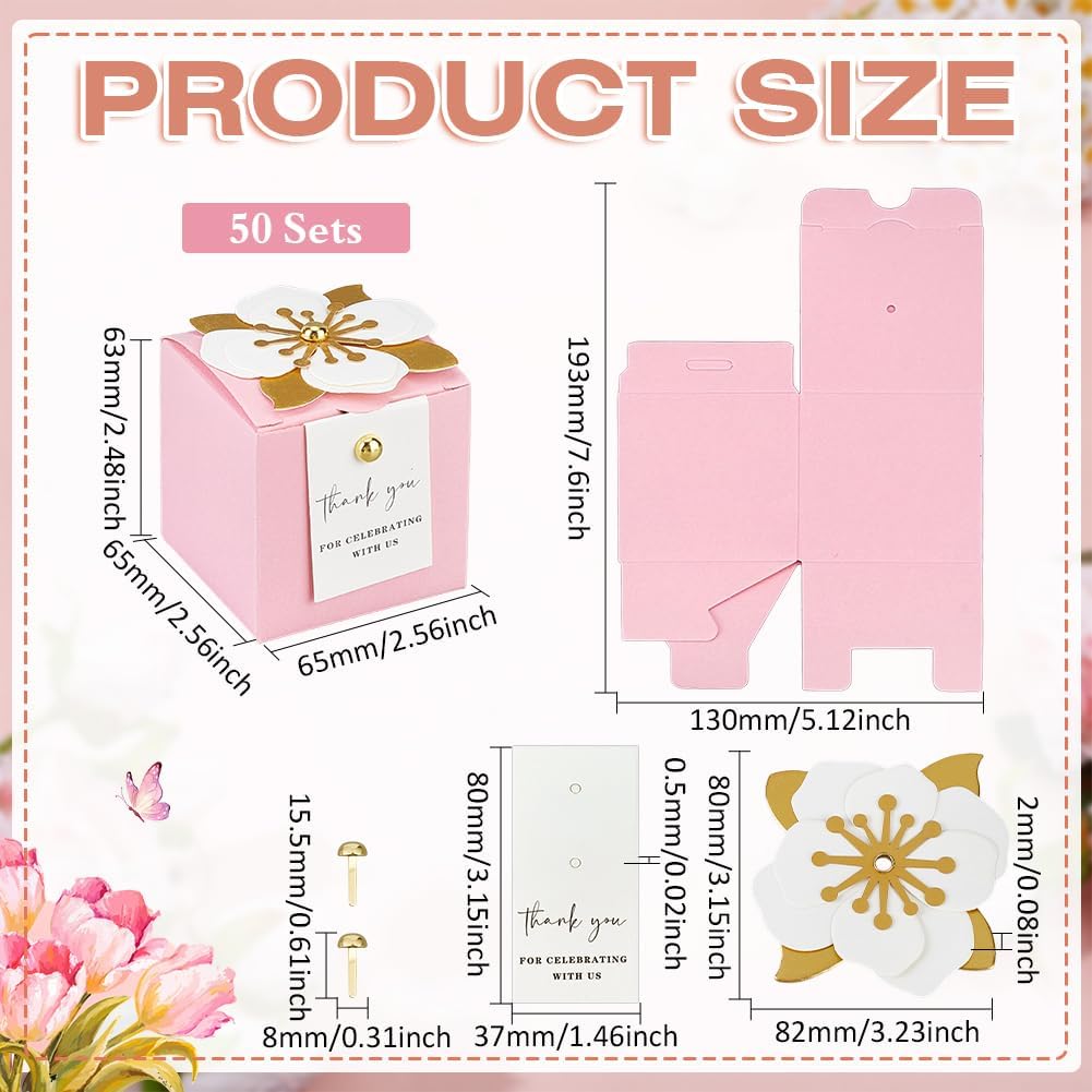 MAYJOYDIY 50 Sets Favor Boxes with Floral Decor Party Favor Candy Box Folding Paper Candy Packing Boxes for Women Garden Wedding Bridal Shower Birthday, Pink