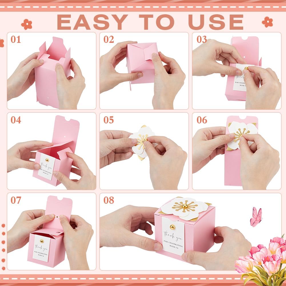 MAYJOYDIY 50 Sets Favor Boxes with Floral Decor Party Favor Candy Box Folding Paper Candy Packing Boxes for Women Garden Wedding Bridal Shower Birthday, Pink