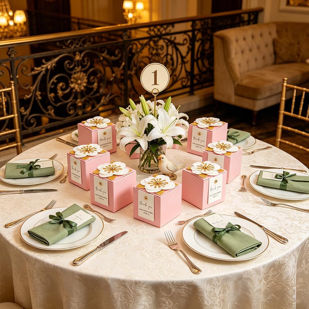 MAYJOYDIY 50 Sets Favor Boxes with Floral Decor Party Favor Candy Box Folding Paper Candy Packing Boxes for Women Garden Wedding Bridal Shower Birthday, Pink