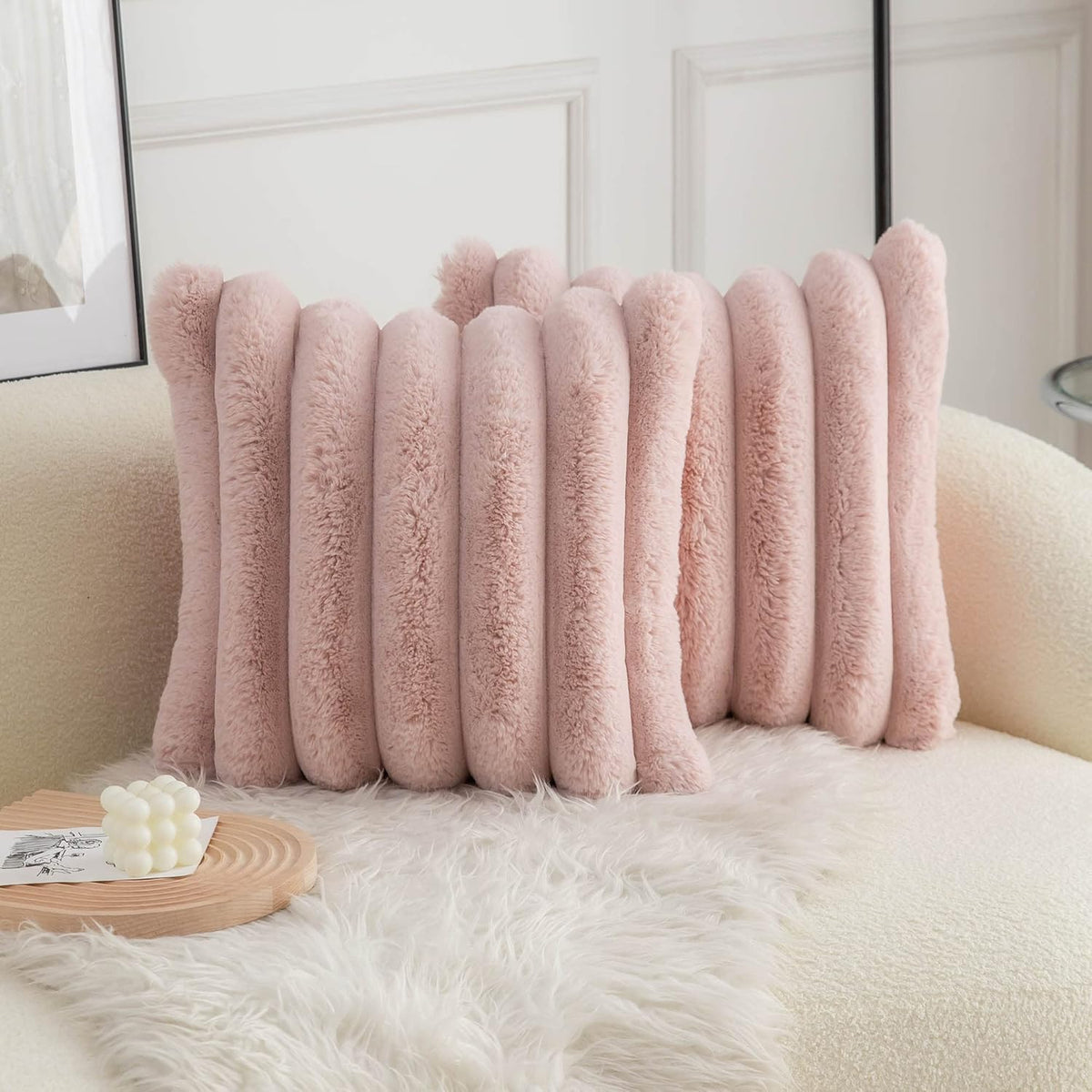Pink Faux Fur Cozy Soft Striped Decorative Throw Pillow Covers 16x16 inch Set of 2,Velvet Pillowcase Cushion Case for Sofa Couch