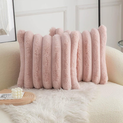 Pink Faux Fur Cozy Soft Striped Decorative Throw Pillow Covers 16x16 inch Set of 2,Velvet Pillowcase Cushion Case for Sofa Couch