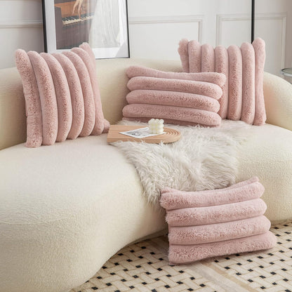 Pink Faux Fur Cozy Soft Striped Decorative Throw Pillow Covers 16x16 inch Set of 2,Velvet Pillowcase Cushion Case for Sofa Couch