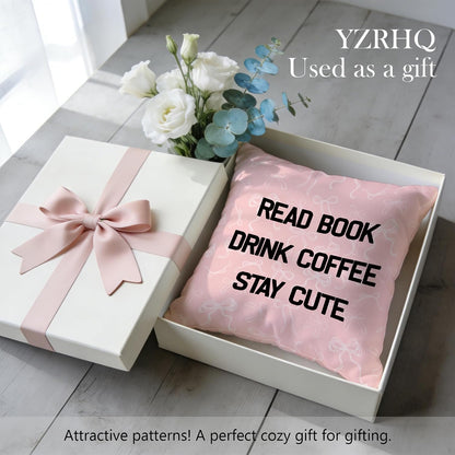 Coquette Pink Bow Bookish Pillow Cover 18x18 Double-Sided, Preppy Girly Room Decor, Read Book Drink Coffee Stay Cute Decorative Pillowcase Throw Pillow Cover for Couch Bed