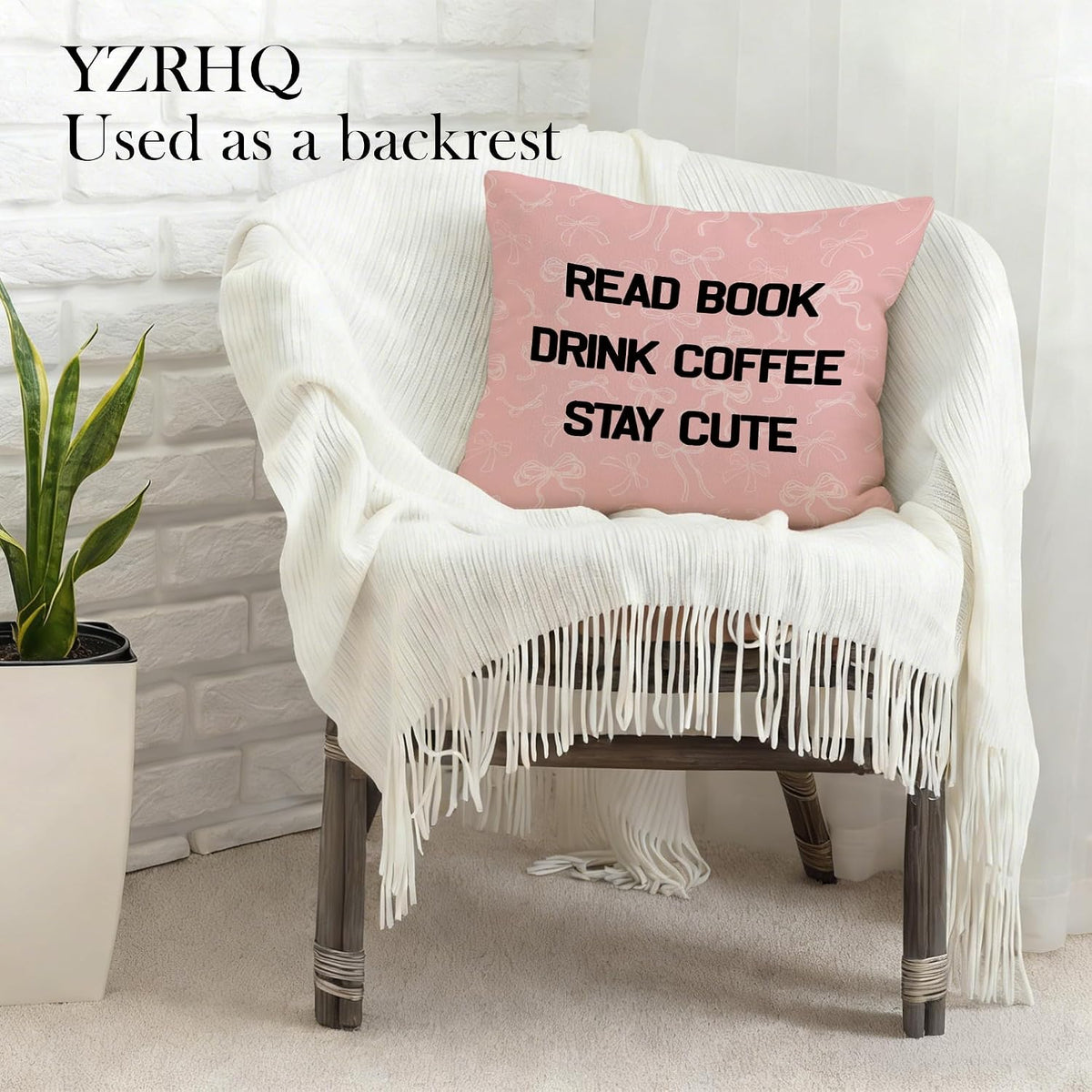 Coquette Pink Bow Bookish Pillow Cover 18x18 Double-Sided, Preppy Girly Room Decor, Read Book Drink Coffee Stay Cute Decorative Pillowcase Throw Pillow Cover for Couch Bed