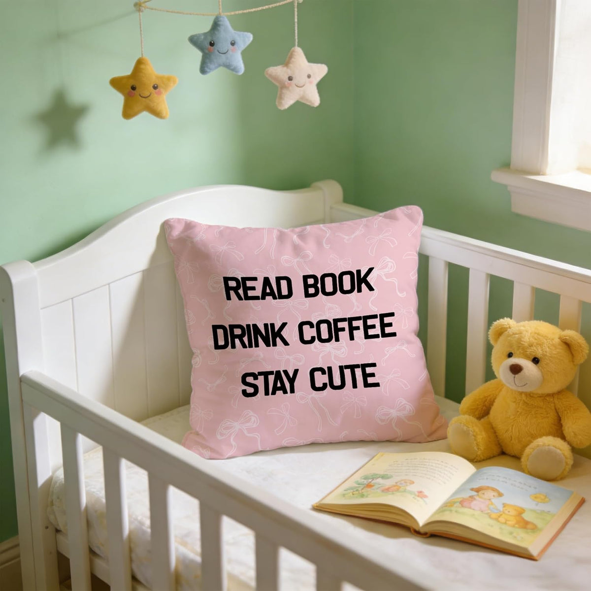 Coquette Pink Bow Bookish Pillow Cover 18x18 Double-Sided, Preppy Girly Room Decor, Read Book Drink Coffee Stay Cute Decorative Pillowcase Throw Pillow Cover for Couch Bed